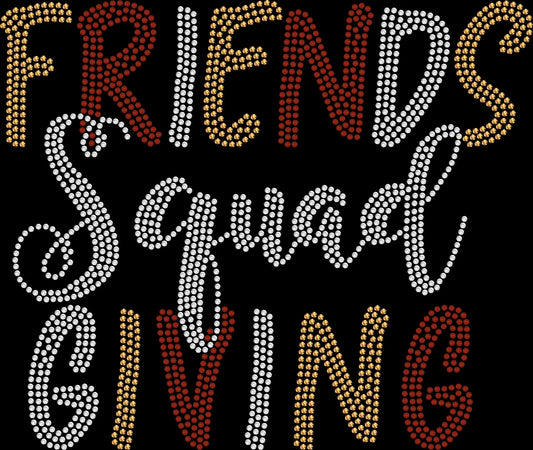 Friends Giving Squad rhinestone shirt featuring sparkling crystal lettering on a soft women’s tee, perfect for Friendsgiving dinners, Thanksgiving week outfits, and festive fall celebrations.
