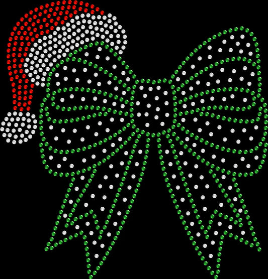 Croquet cheer bow rhinestone shirt featuring a sparkling cheer bow design with a Santa hat on a soft women’s tee, perfect for cheerleaders, cheer moms, and festive holiday events.