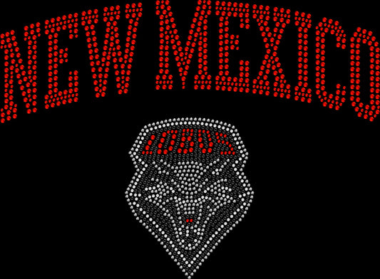 University of New Mexico UNM Lobos rhinestone shirt featuring sparkling crystal lettering on a soft women’s tee, perfect for game day, college spirit wear, and New Mexico fans.