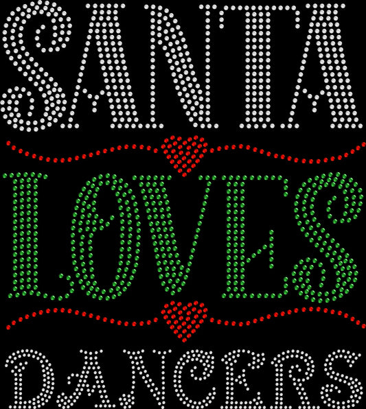 Santa Loves Dancers rhinestone shirt featuring a sparkling Christmas dance design for dancers, dance moms, and dance teachers