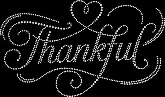 Heart Swirly Thankful rhinestone shirt featuring a cursive thankful design with a heart accent in sparkling rhinestones on a soft women’s tee, perfect for fall, Thanksgiving, and gratitude-themed outfits.