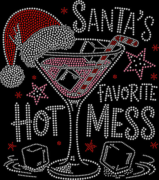 Santa’s Favorite Hot Mess rhinestone shirt featuring sparkling crystal lettering on a soft women’s tee, perfect for funny holiday outfits, Christmas parties, and festive celebrations.