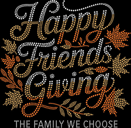 Happy Friendsgiving rhinestone shirt featuring cursive swirl lettering with an ombre sparkle design on a soft fabric tee, perfect for Thanksgiving and Friendsgiving celebrations.