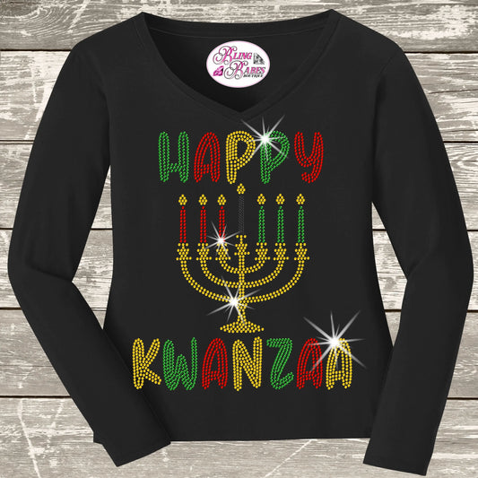 Happy Kwanzaa rhinestone shirt featuring sparkling crystal lettering with Kinara candle design on a soft t-shirt, cultural holiday bling apparel