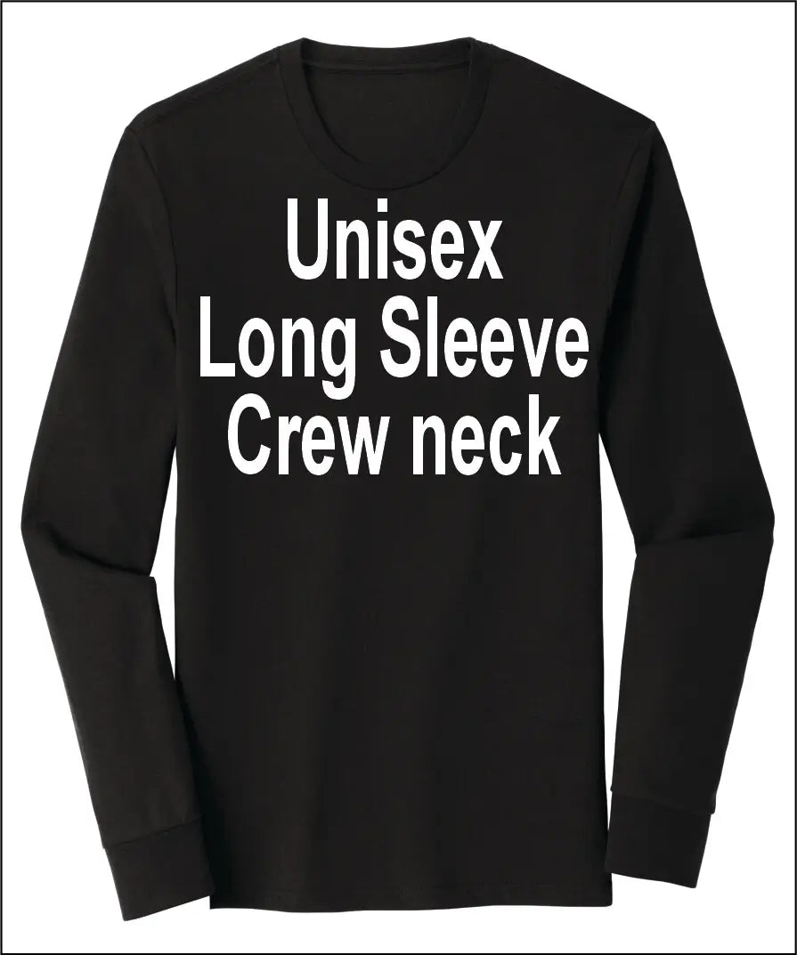 A black long sleeve crew neck shirt with white text on it.