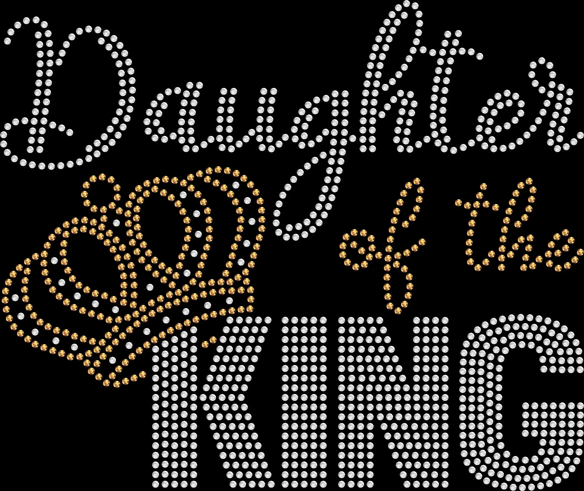 Daughter of the KING rhinestone shirt featuring sparkling crystal lettering and crown design on a soft t-shirt, faith-based Christian bling apparel
