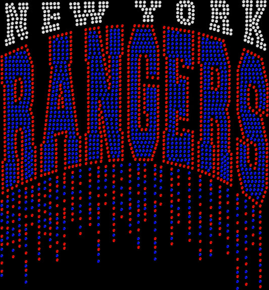 New York hockey inspired rhinestone shirt featuring arched drip style crystal lettering on a soft t-shirt, sparkly fan bling apparel