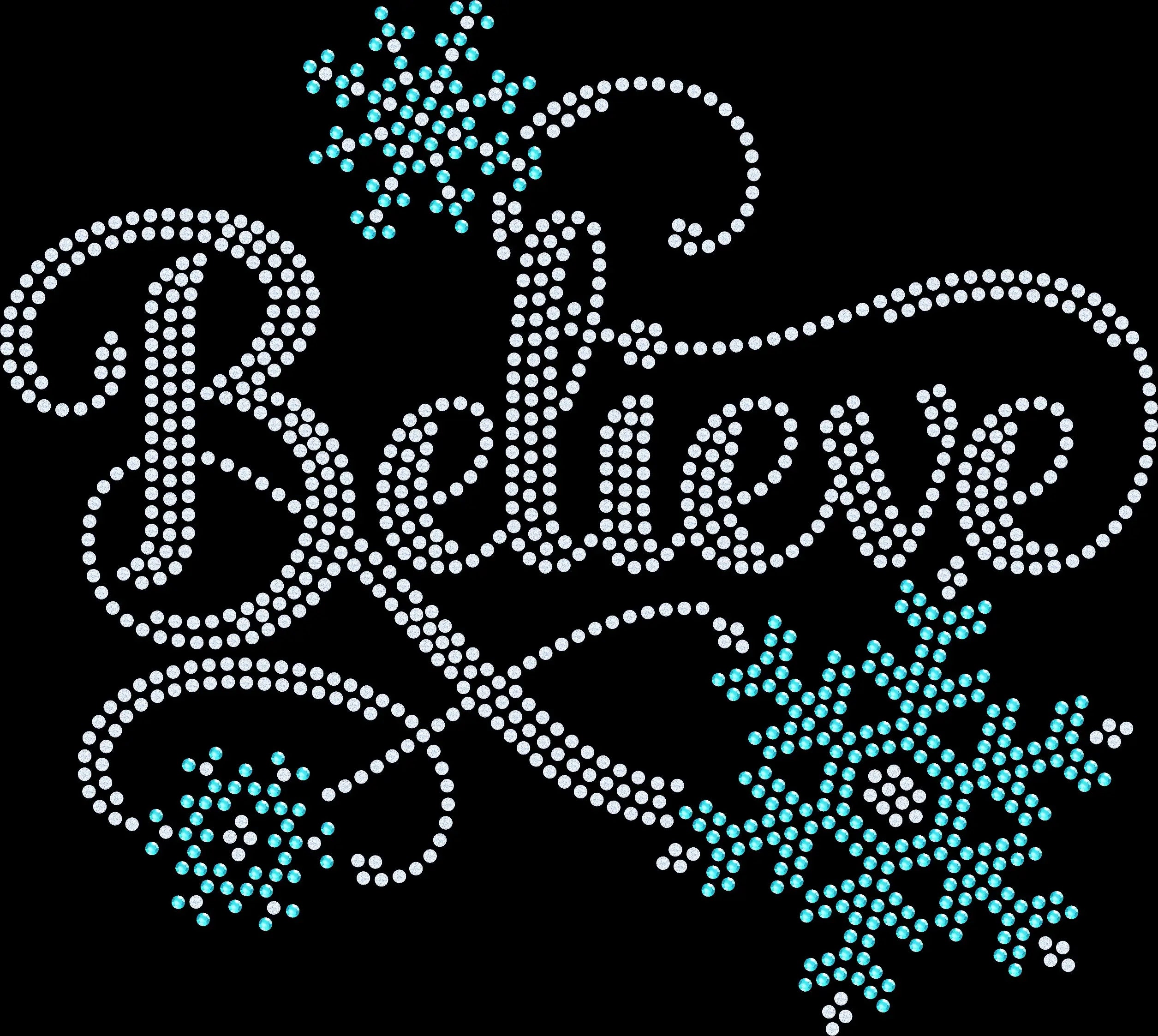 Believe rhinestone shirt featuring sparkling crystal lettering with snowflake accents on a soft t-shirt, winter holiday bling apparel