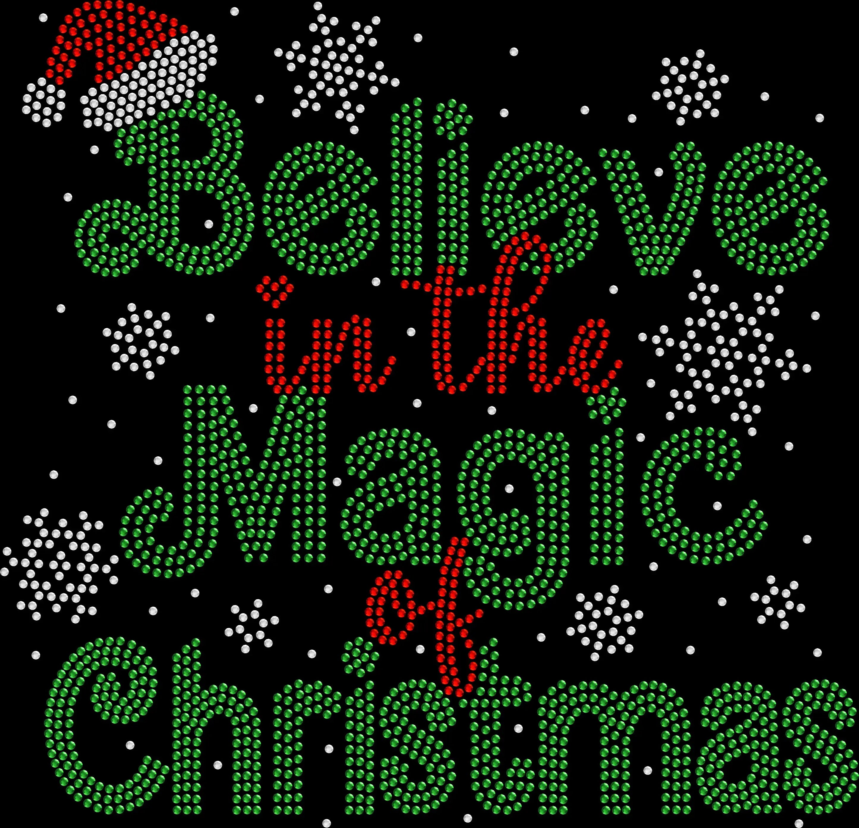 Believe in the Magic of Christmas rhinestone shirt featuring sparkling crystal lettering with Santa hat and snowflake designs on a soft t-shirt, festive holiday bling apparel