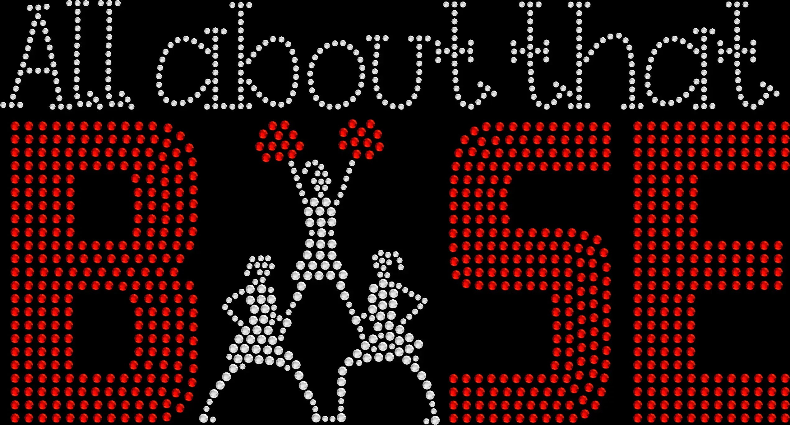 Cheer rhinestone shirt that says ‘All About That Base’ with sparkling rhinestones and an image of girls cheering; glittery cheerleading bling tee for teams, cheer moms, and spirit wear