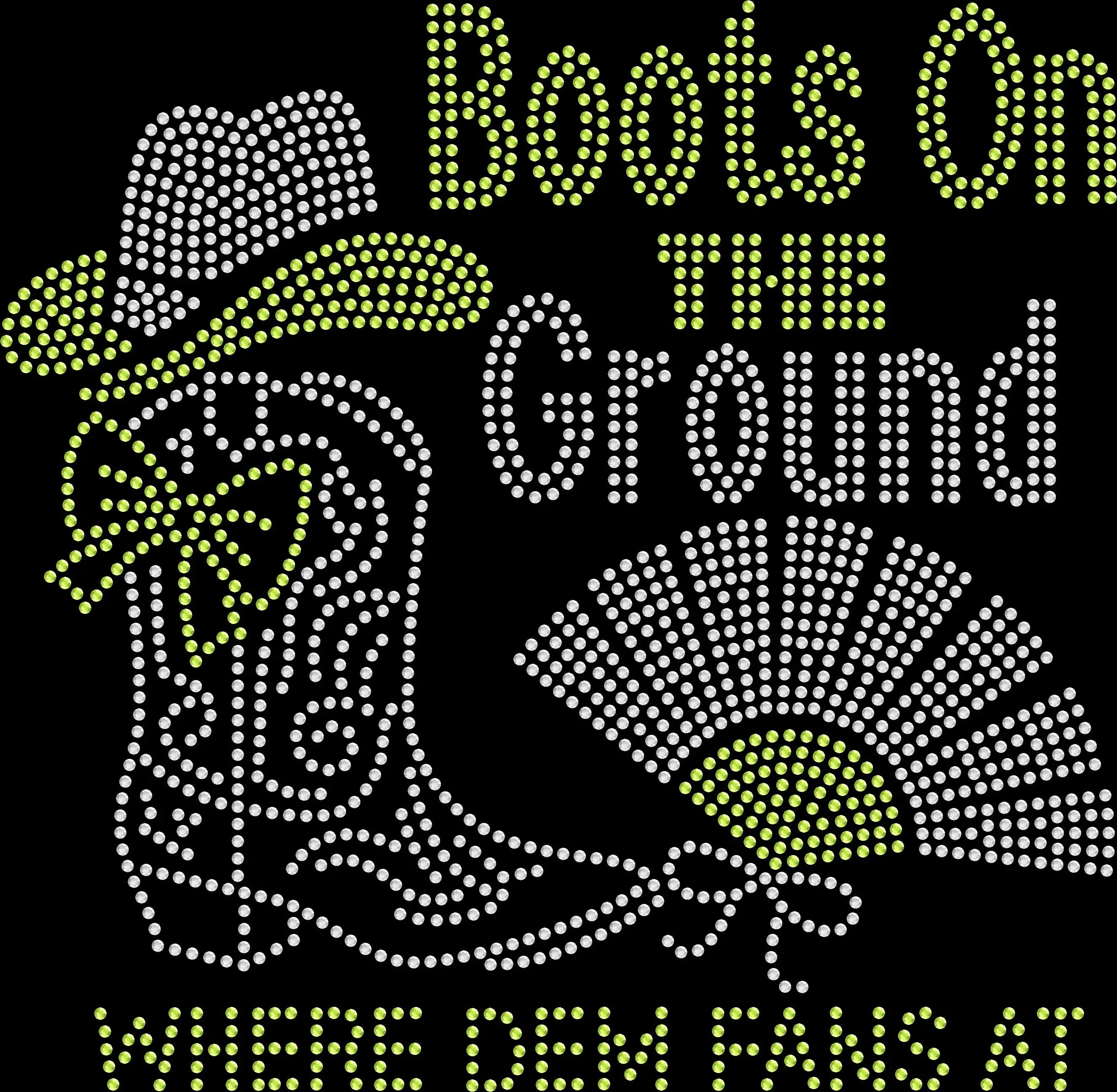 Where Dem Fans At rhinestone shirt featuring sparkling cowgirl boots, cowgirl hat, and bow with Boots On The Ground wording on a soft t-shirt, western bling fan apparel