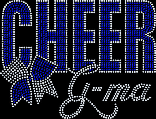 Cheer G-ma rhinestone shirt featuring varsity style lettering with a sparkling cheer bow design on a soft t-shirt, cheer grandma bling apparel