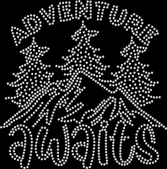 Adventure Awaits rhinestone shirt featuring sparkling mountain and tree design on a soft t-shirt, travel and outdoor bling apparel