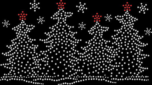Snowy Christmas Trees rhinestone shirt featuring sparkling crystal Christmas tree imagery on a soft t-shirt, festive winter holiday bling apparel