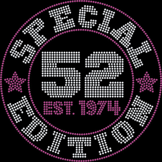 Special Edition Birthday rhinestone shirt featuring sparkling crystal lettering with custom birth year and age on a soft t-shirt, personalized birthday bling apparel