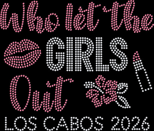 Who Let the Girls Out rhinestone shirt featuring sparkling crystal lettering with lipstick, lips, and a tropical flower design on a soft women’s tee, perfect for girls trips, bachelorette parties, and fun vacations.