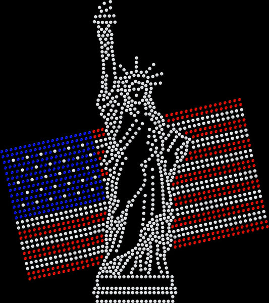 Statue of Liberty rhinestone shirt featuring sparkling crystal details on a soft women’s tee, perfect for patriotic celebrations, Fourth of July events, and everyday American pride wear.