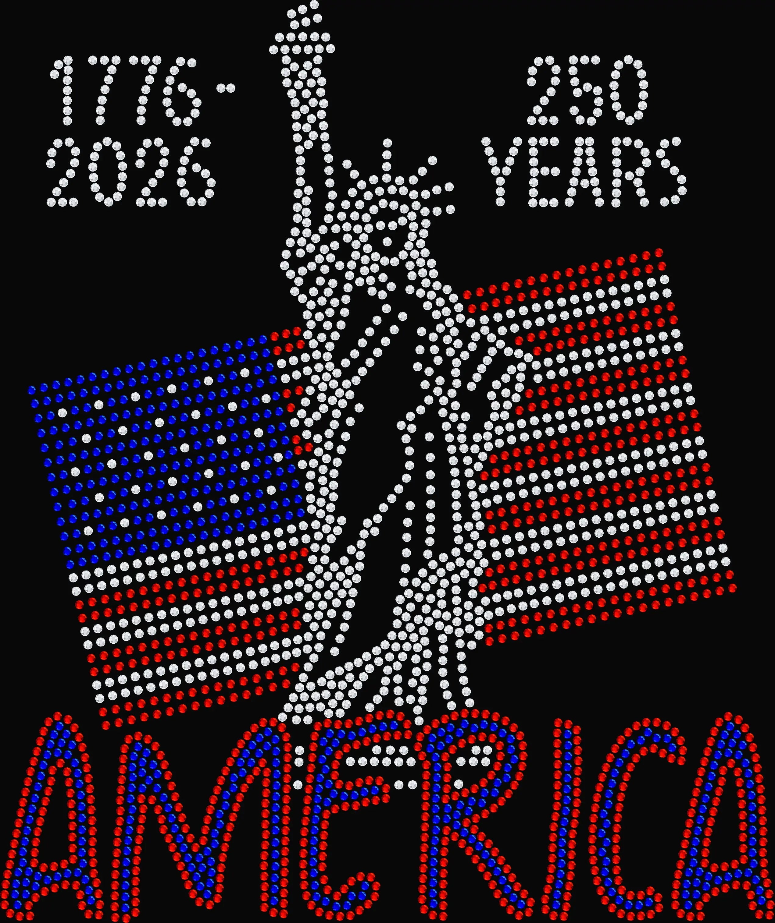 250 Years America Statue of Liberty rhinestone shirt featuring sparkling crystal lettering and a Statue of Liberty design on a soft women’s tee, perfect for patriotic celebrations, parades, and America anniversary events.