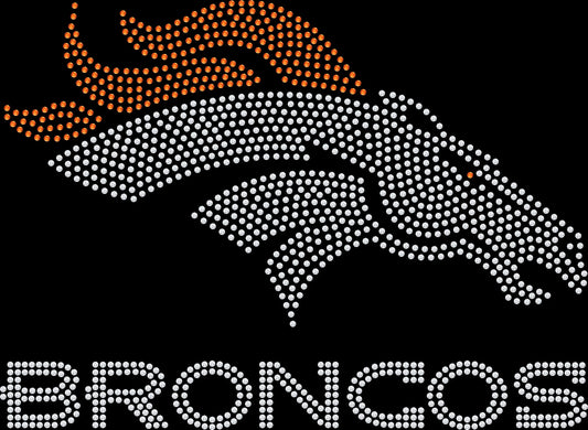 Denver Broncos horse head rhinestone shirt featuring sparkling crystal horse head design on a soft women’s tee, perfect for game day, tailgating, watch parties, and stylish football fan wear.
