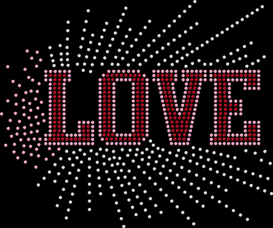 LOVE Firework rhinestone shirt featuring sparkling crystal lettering with a firework burst design on a soft women’s tee, perfect for Fourth of July celebrations, fireworks shows, and festive summer wear.