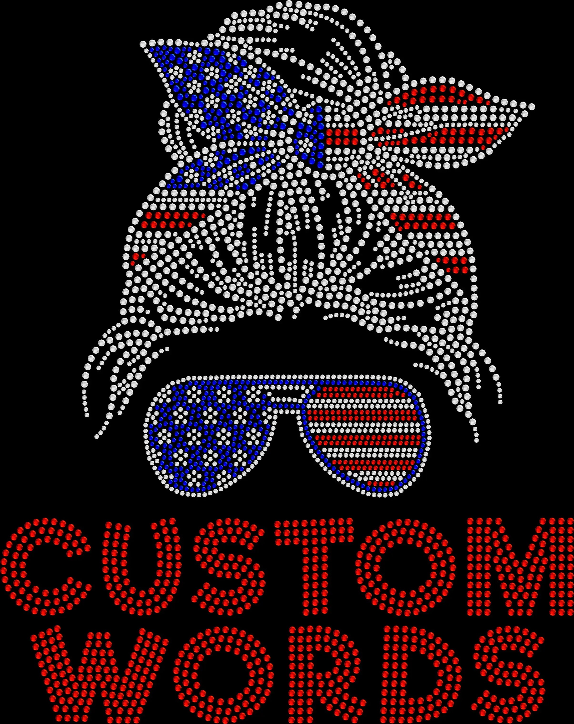 Red White and Blue messy bun bandana girl rhinestone shirt featuring sparkling crystal accents and custom words on a soft women’s tee, perfect for Fourth of July, patriotic events, and everyday Americana fan wear.