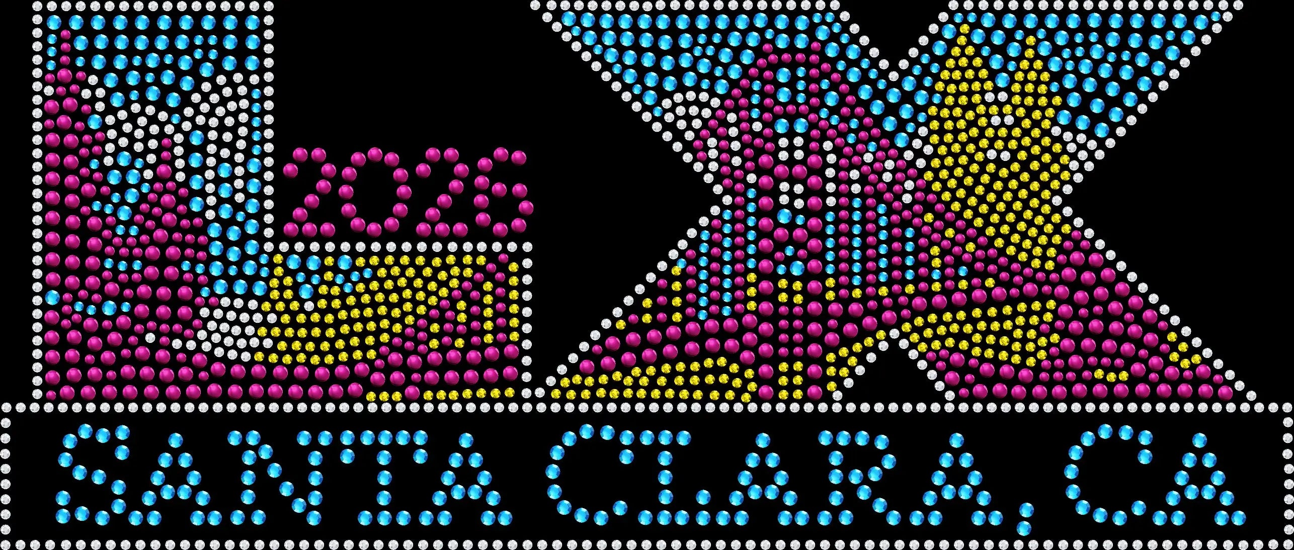 LX Santa Clara Football Bowl Game rhinestone shirt featuring sparkling crystal lettering on a soft women’s tee, perfect for big game watch parties, tailgating, and festive football fan wear.