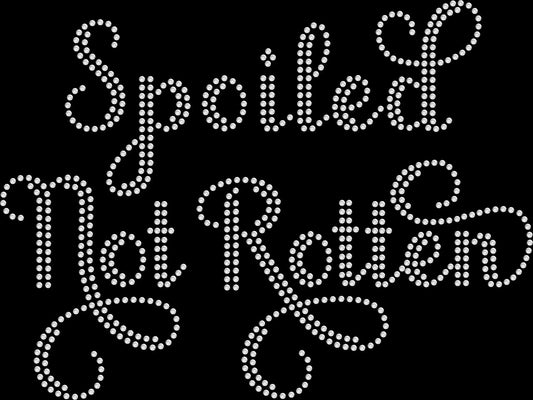 Cursive Spoiled Not Rotten rhinestone shirt featuring sparkling crystal lettering on a soft women’s fashion tee, delivering sassy glam style and luxury sparkle