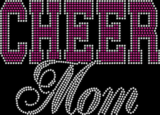 Cheer Cursive Mom rhinestone shirt featuring sparkling crystal cursive lettering on a soft women’s cheerleading game day tee
