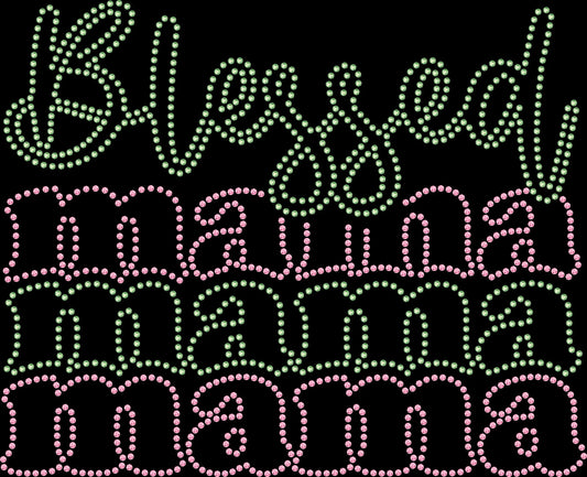 Sparkly rhinestone shirt that says “Blessed Mama Stacked” in bold bling lettering on a soft cotton unisex t-shirt, perfect for Christian moms, Mother’s Day gifts, and faith-inspired outfits.