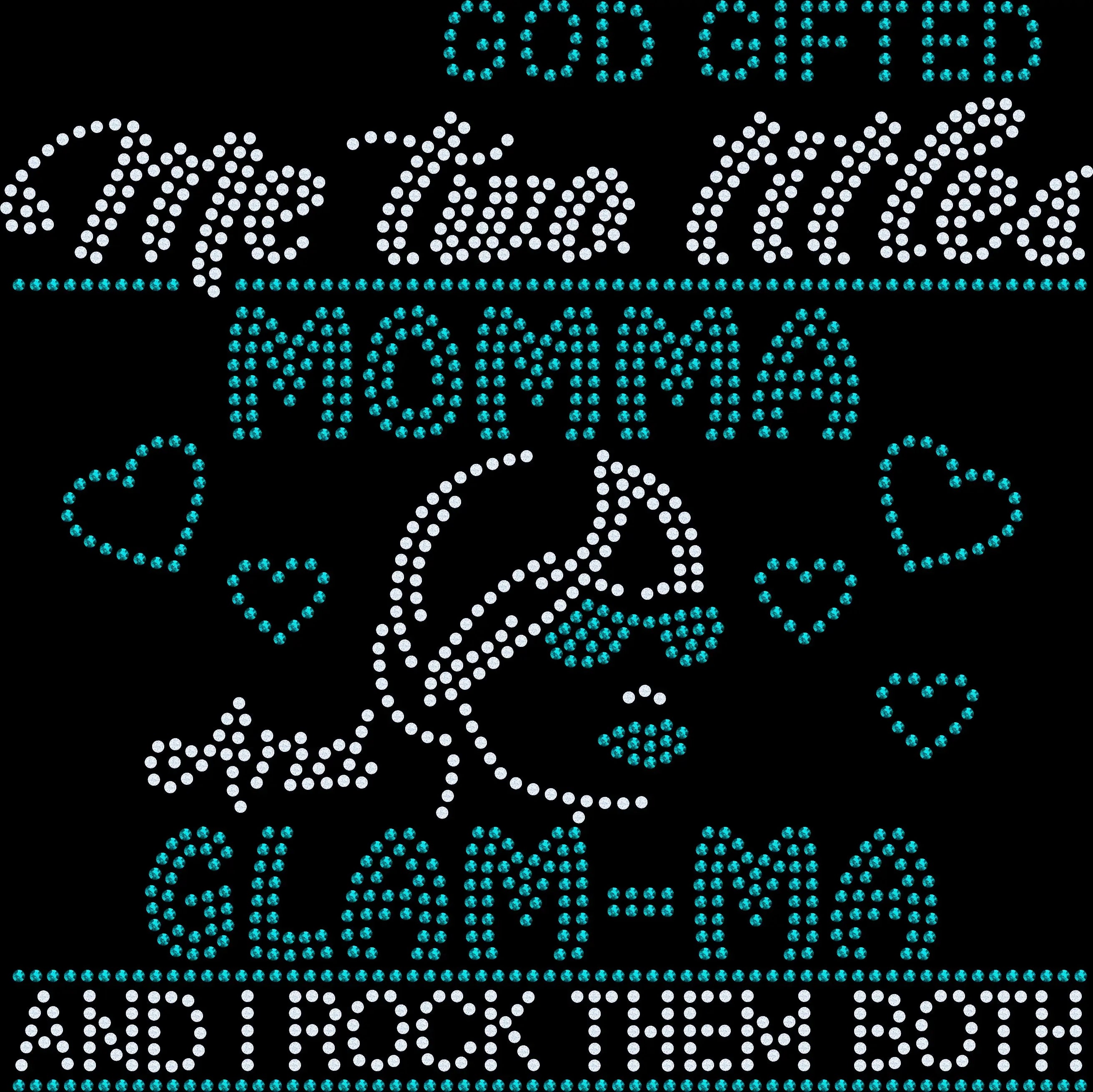 Sparkly rhinestone shirt that says “God Gifted Me 2 Titles Momma and Glam-ma and I Rock Them Both” in bold bling lettering on a soft cotton unisex t-shirt, perfect for Christian moms, glam-mas, and Mother’s Day gifts.
