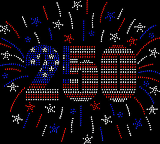 Sparkling rhinestone American Flag 250 firework shirt on black patriotic t-shirt for Fourth of July celebration