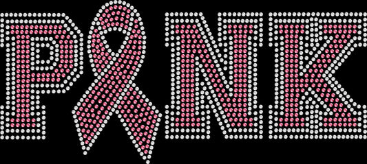 Pink breast cancer ribbon rhinestone shirt with firework design forming letter I on unisex tee, awareness support shirt for women, survivor bling apparel with high shine rhinestones