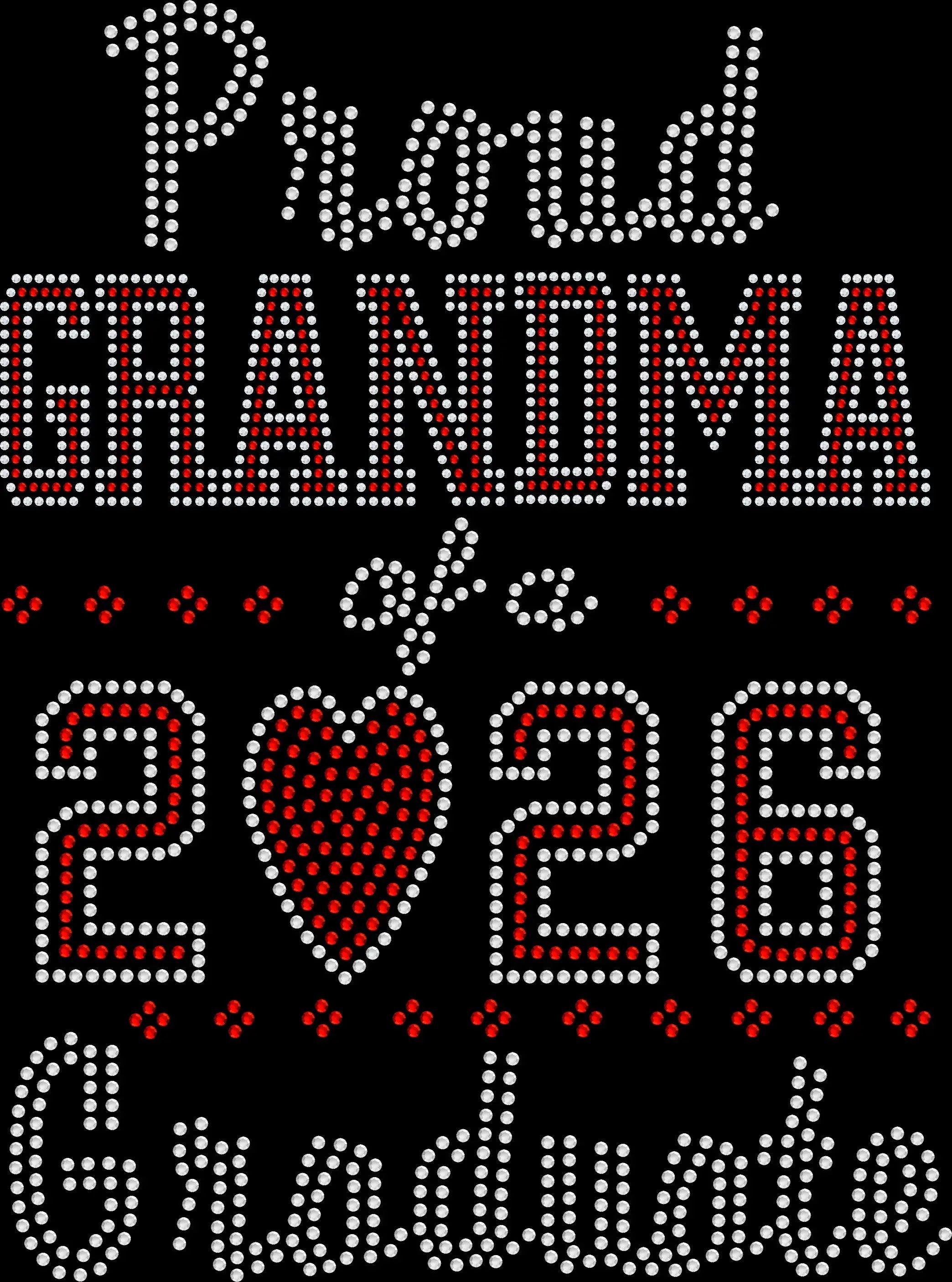 Sparkling rhinestone shirt that reads “Proud Grandma of a 2026 Graduate” on a black t-shirt, personalized graduation bling tee for proud grandmothers.