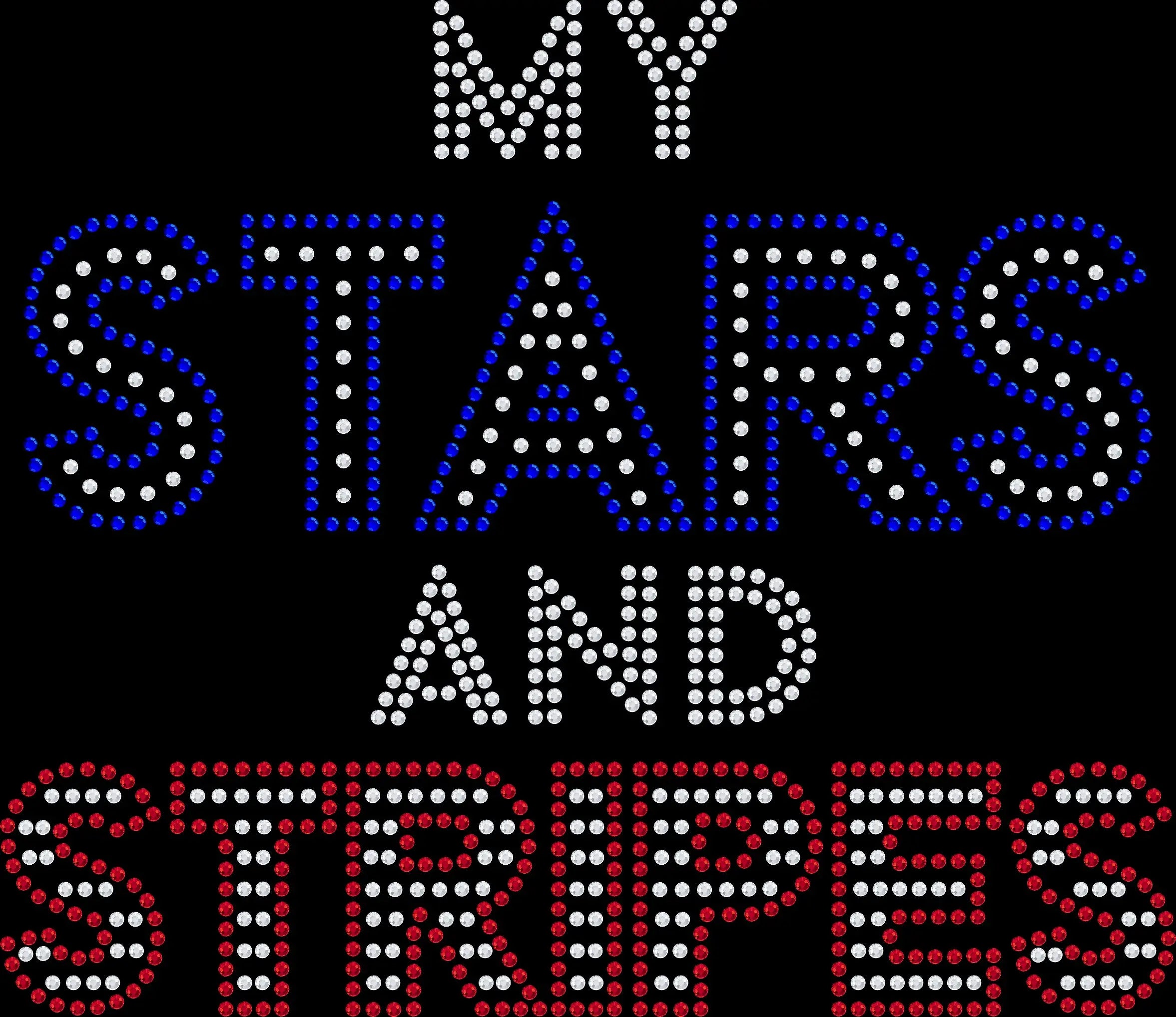 Sparkling rhinestone shirt that reads “My Stars and Stripes” on a black t-shirt, patriotic bling tee for women perfect for 4th of July, Memorial Day, and summer celebrations.