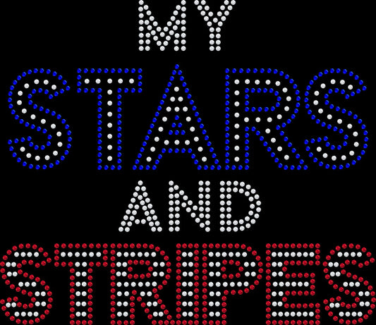 Sparkling rhinestone shirt that reads “My Stars and Stripes” on a black t-shirt, patriotic bling tee for women perfect for 4th of July, Memorial Day, and summer celebrations.