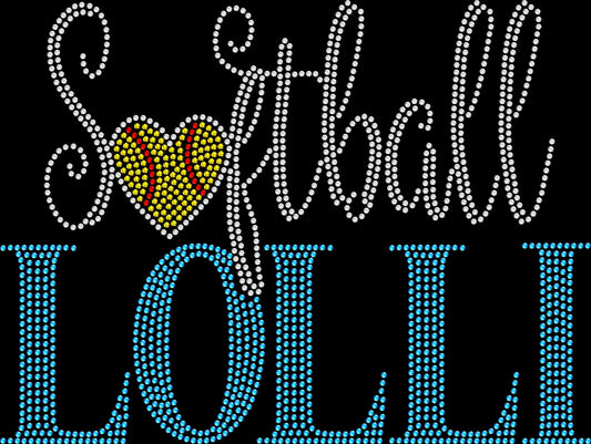 Sparkling rhinestone Softball Lolli shirt on a black t-shirt, cute softball bling tee for women perfect for game day and tournaments.