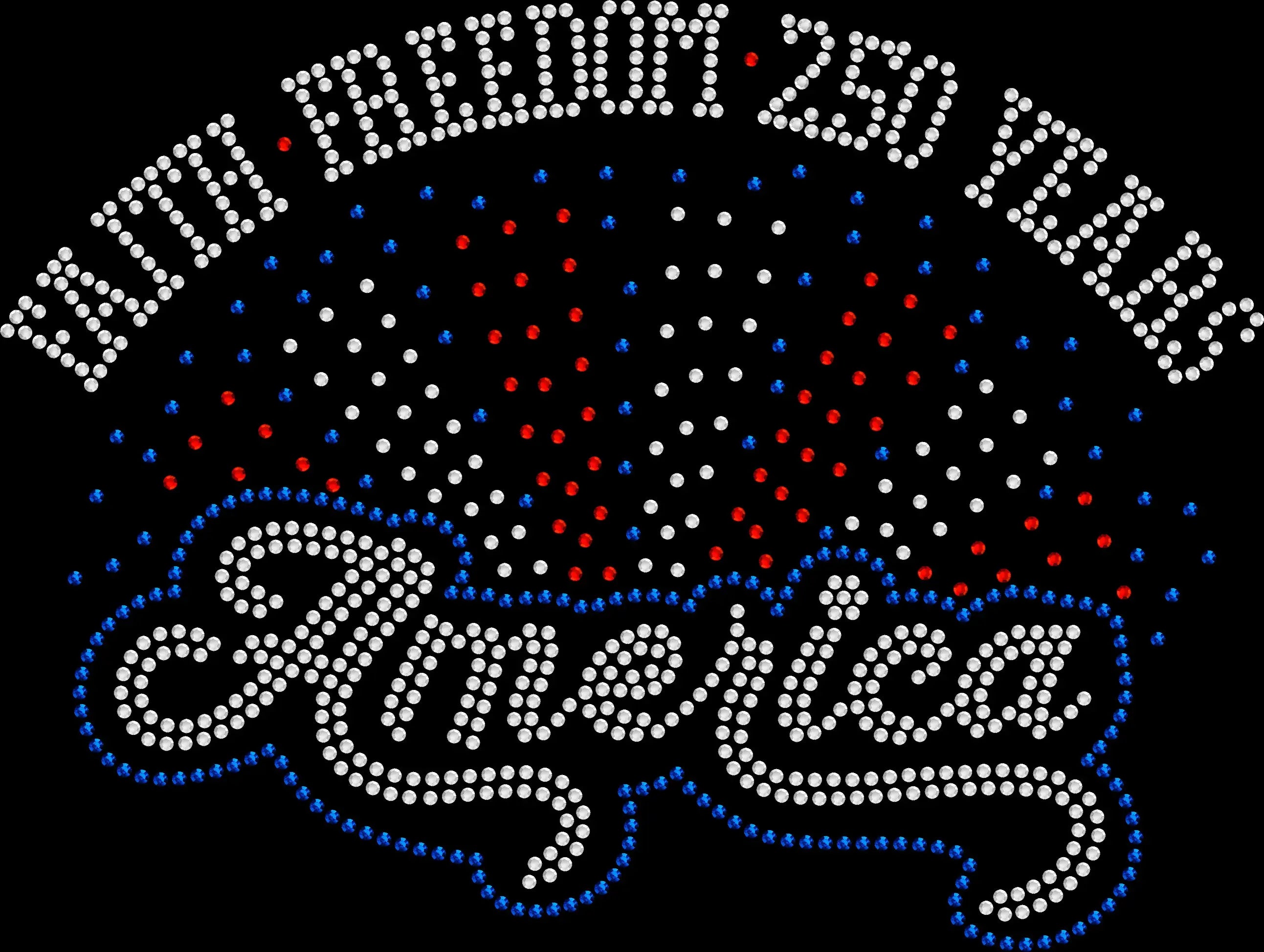 Sparkly rhinestone shirt that says “Faith Freedom 250 Years America” with firework design in red white and blue bling on a soft cotton unisex t-shirt, perfect for 4th of July, America 250 celebration, and patriotic events.