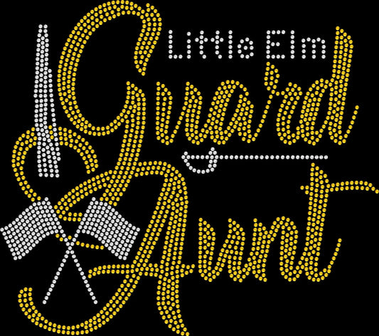 Sparkly rhinestone shirt that says “Guard Aunt” with custom team name and color options in bold bling lettering on a soft cotton unisex t-shirt, perfect for football games, team spirit wear, and personalized game day outfits.