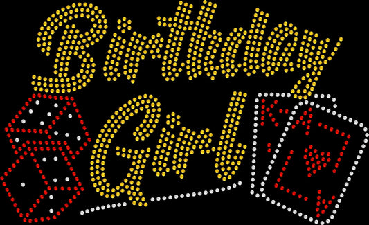 Sparkly rhinestone shirt that says “Casino Birthday Girl” in bold bling lettering on a soft cotton unisex t-shirt, perfect for Vegas trips, casino birthdays, and party celebrations.