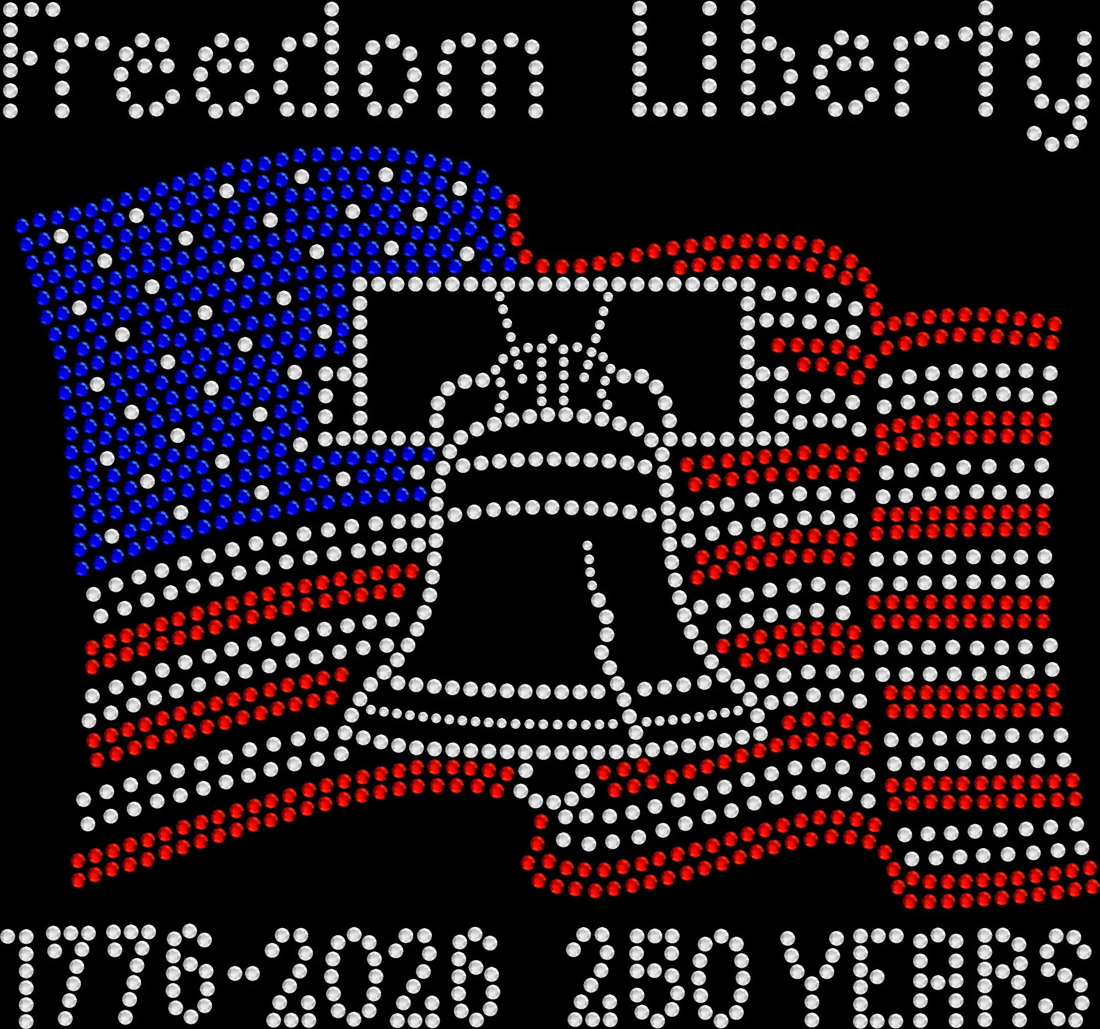 Freedom liberty 250 years 1776 to 2026 liberty bell rhinestone shirt with sparkling crystal design on a soft unisex tee, patriotic bling shirt for women, USA anniversary apparel with high shine rhinestones