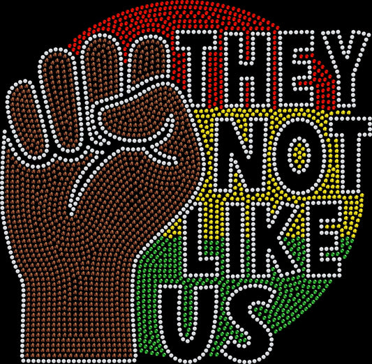 They Not Like Us Juneteenth rhinestone shirt with black power fist design on unisex tee, sparkly empowerment shirt for women, cultural pride bling apparel with high shine rhinestones