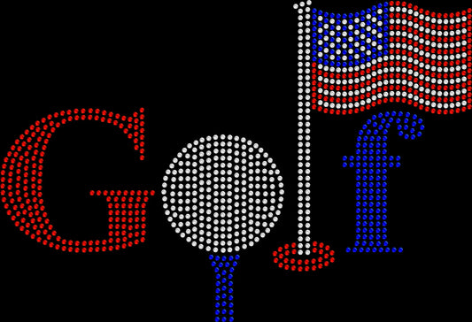 Show your patriotic style on and off the golf course with this Red White and Blue Golf rhinestone shirt. Perfect for tournaments and holidays.