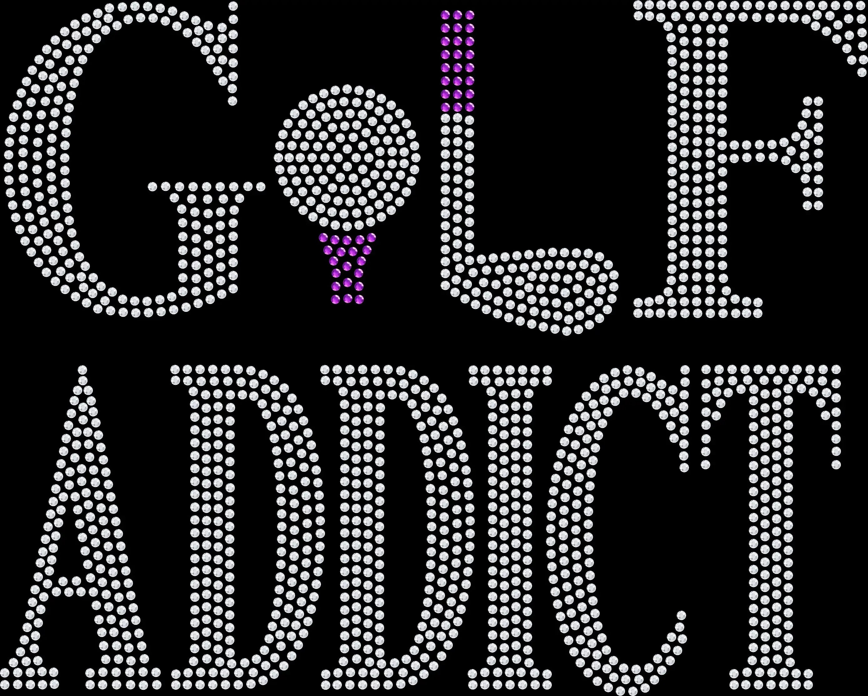 Show your love for golf with this Golf Addict rhinestone shirt. Perfect for tournaments, golf trips, leagues, and everyday sporty style.