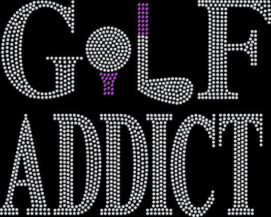 Show your love for golf with this Golf Addict rhinestone shirt. Perfect for tournaments, golf trips, leagues, and everyday sporty style.