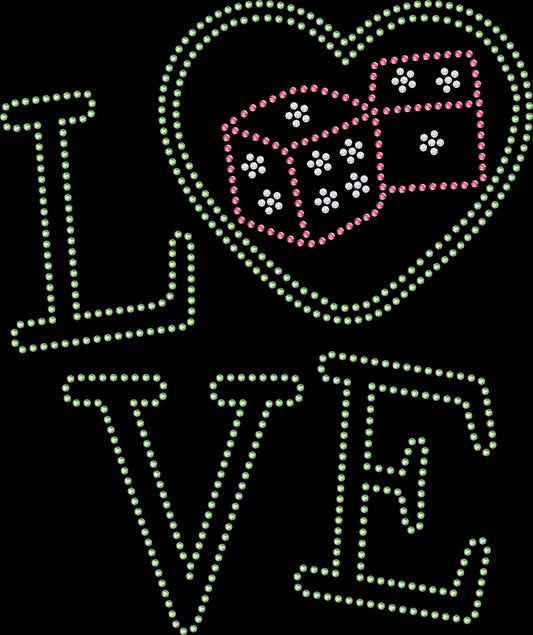 love dice rhinestone casino shirt on black tee with vegas sparkle design