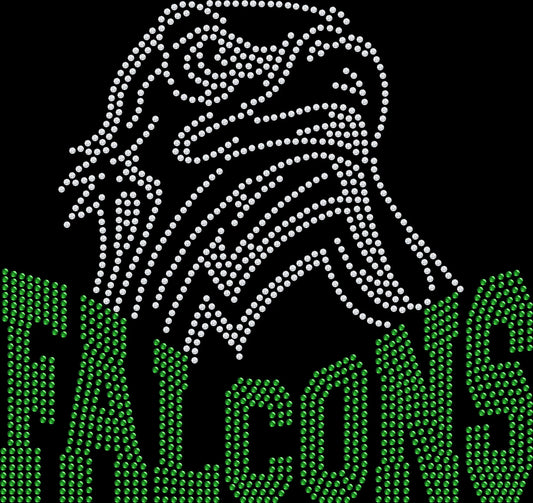 Show your team spirit in sparkle style with this Falcons Falcon Head rhinestone mascot shirt featuring a customizable ribbon color accent. Perfect for game days and spirit wear.