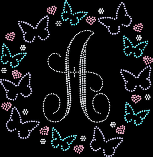 personalized butterfly ring monogram rhinestone shirt featuring custom initials in TRW monogram font
