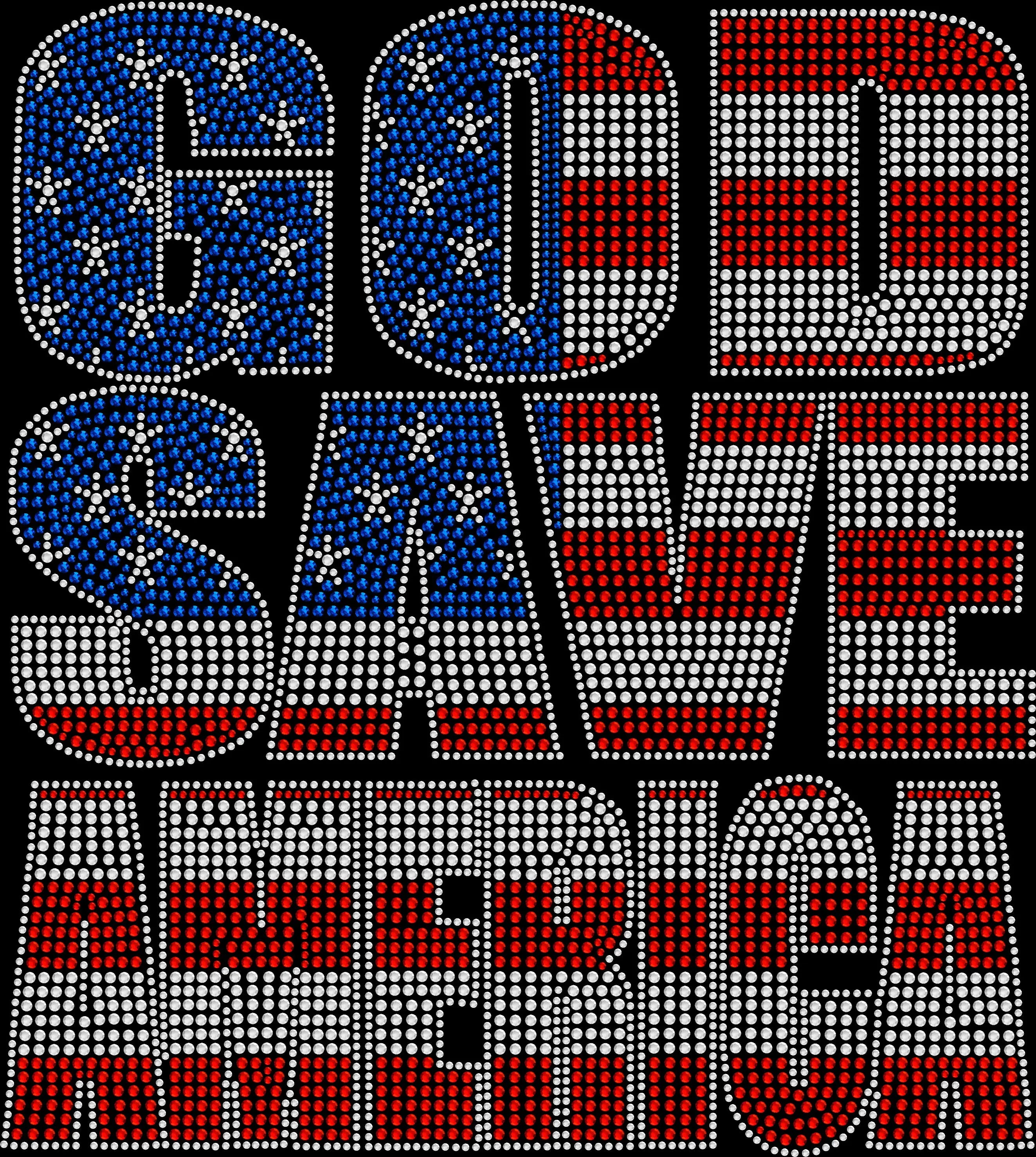 Sparkly rhinestone shirt that says “God Save America” with a USA flag bow design in red white and blue bling on a soft cotton unisex t-shirt, perfect for 4th of July, church events, and patriotic celebrations.