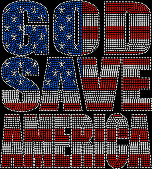 Sparkly rhinestone shirt that says “God Save America” with a USA flag bow design in red white and blue bling on a soft cotton unisex t-shirt, perfect for 4th of July, church events, and patriotic celebrations.