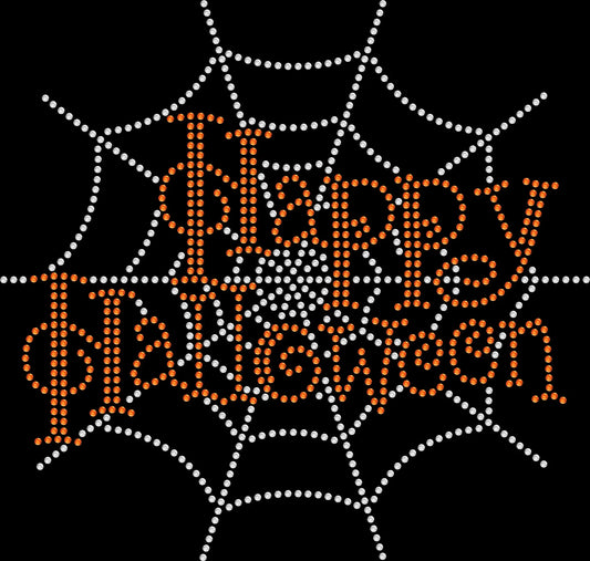 Happy Halloween spider web rhinestone shirt featuring a sparkling spiderweb inspired design, spooky season top for Halloween parties, trick or treating, pumpkin patches, fall festivals and October celebrations.